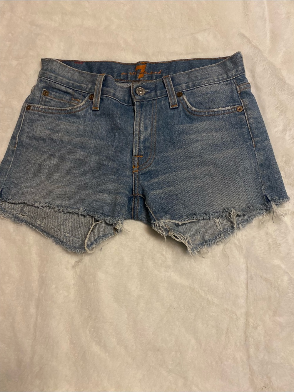 7 For All Mankind Light Wash Frayed Hem Denim Shorts